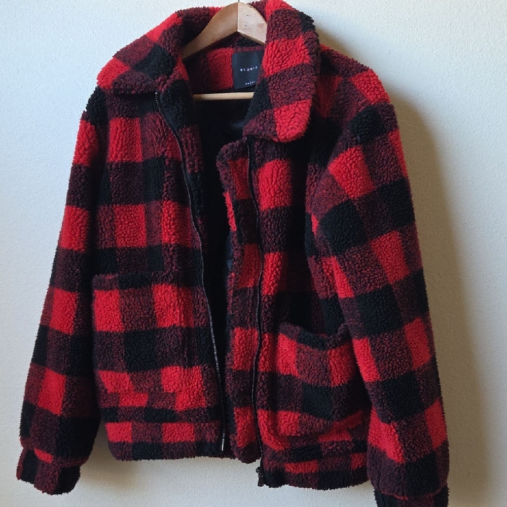 Elodie Sherpa Jacket Red Black Plaid Full Zip Pockets